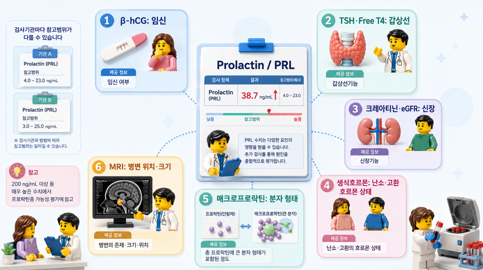 프로락틴 수치와 β-hCG, TSH·Free T4, 크레아티닌·eGFR, 매크로프로락틴, MRI 등 추가 검사의 역할을 비교한 레고풍 의료 인포그래픽