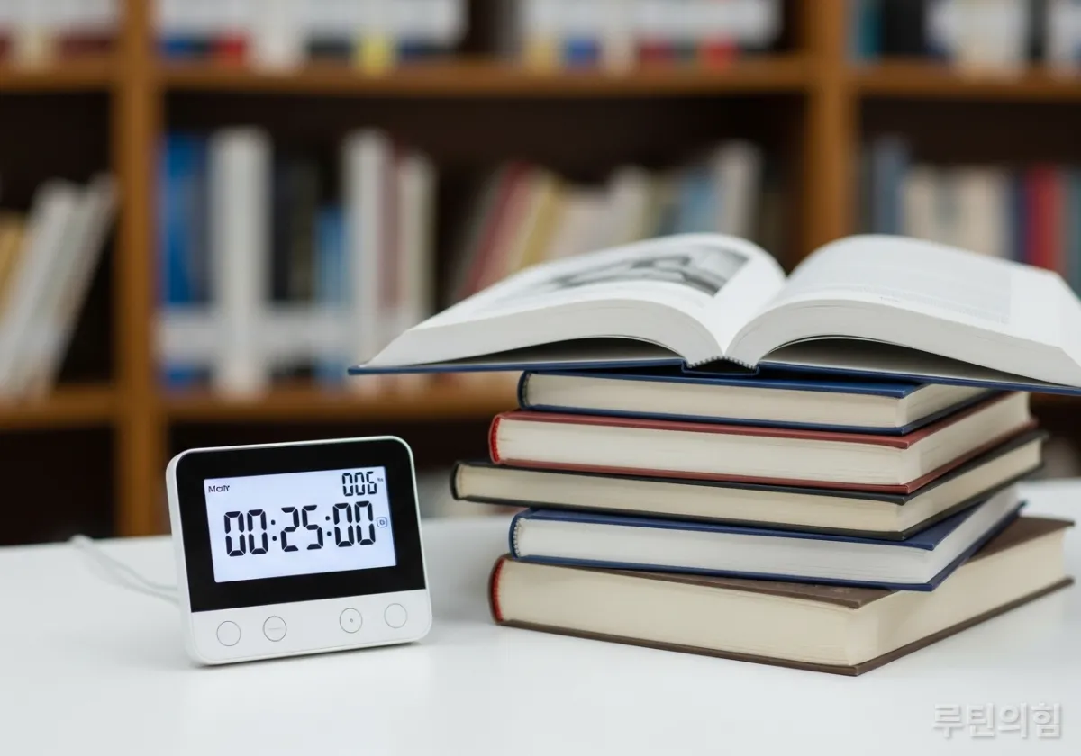 도서관 책상 위에 놓인 공부용 디지털 타이머와 책들이 쌓여 있는 모습