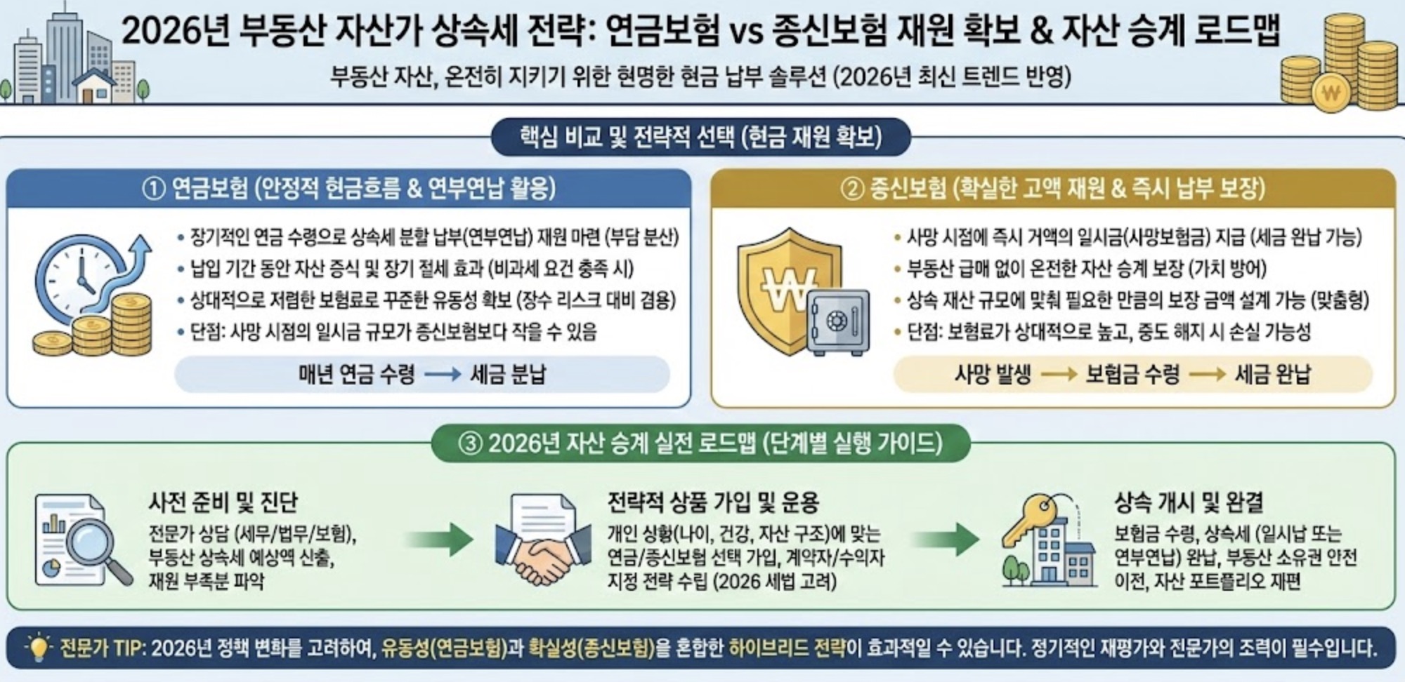 부동산 자산가들을 위한 상속세 현금 납부 재원 확보 전략으로서의 연금보험과 종신보험 비교 및 자산 승계 로드맵