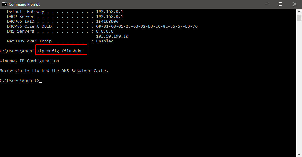 커맨드 창에 ipconfig /flushdns 입력