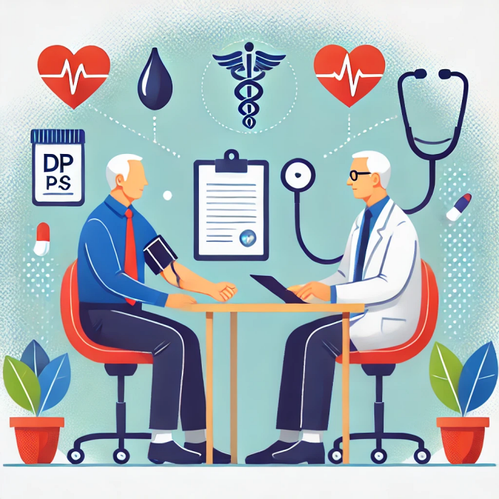 혈압 약물 선택에 대해 의료 제공자와 상담하는 환자의 일러스트