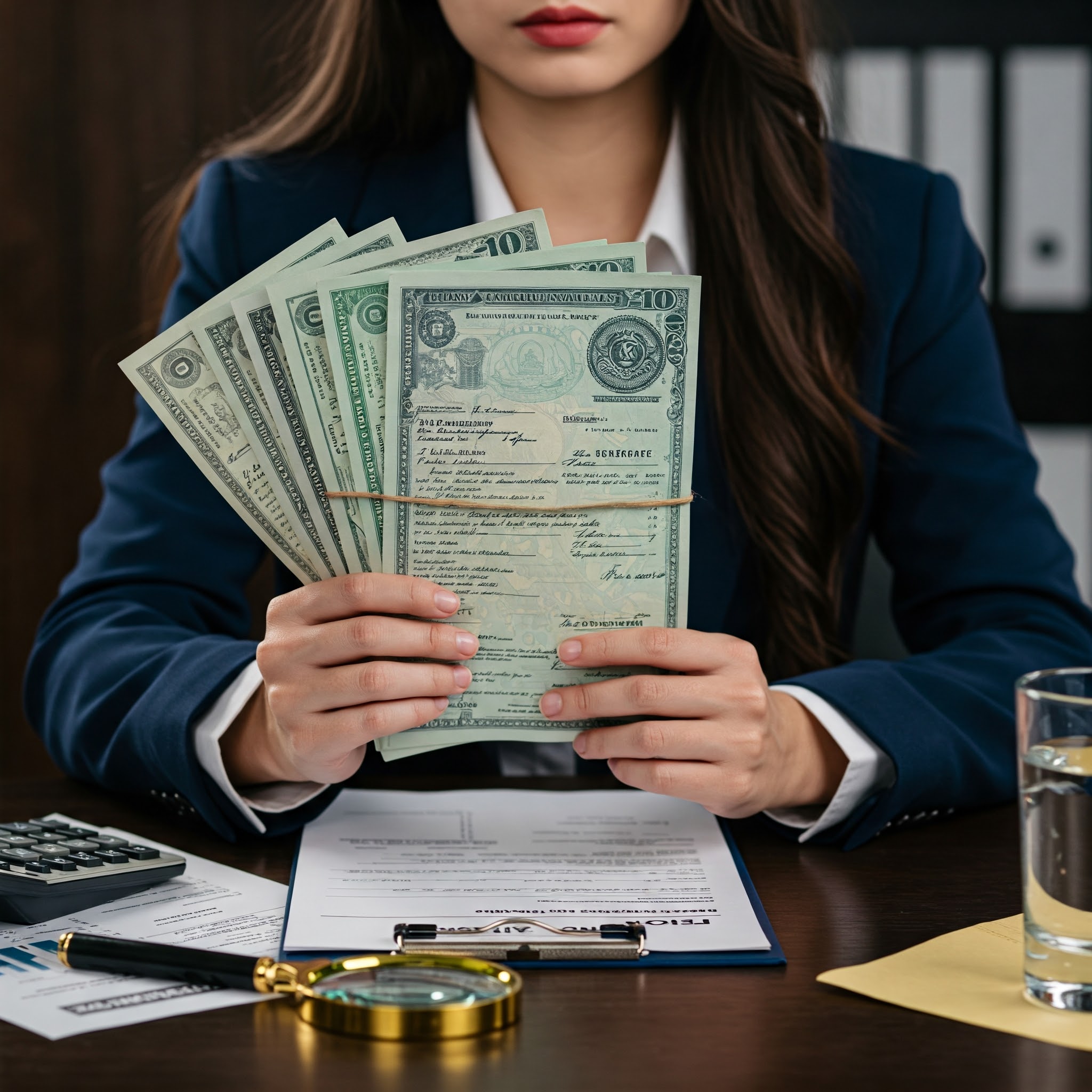 채권을 들고 있는 여자의 모습