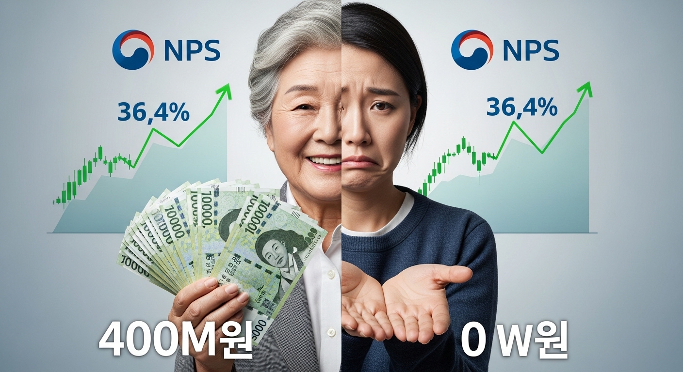 1960년생(4억 수령)과 1990년생(0원)이 대비되는 그림, 그 배경에 국민연금 로고와 36.4% 주식 그래프가 있는 이미지