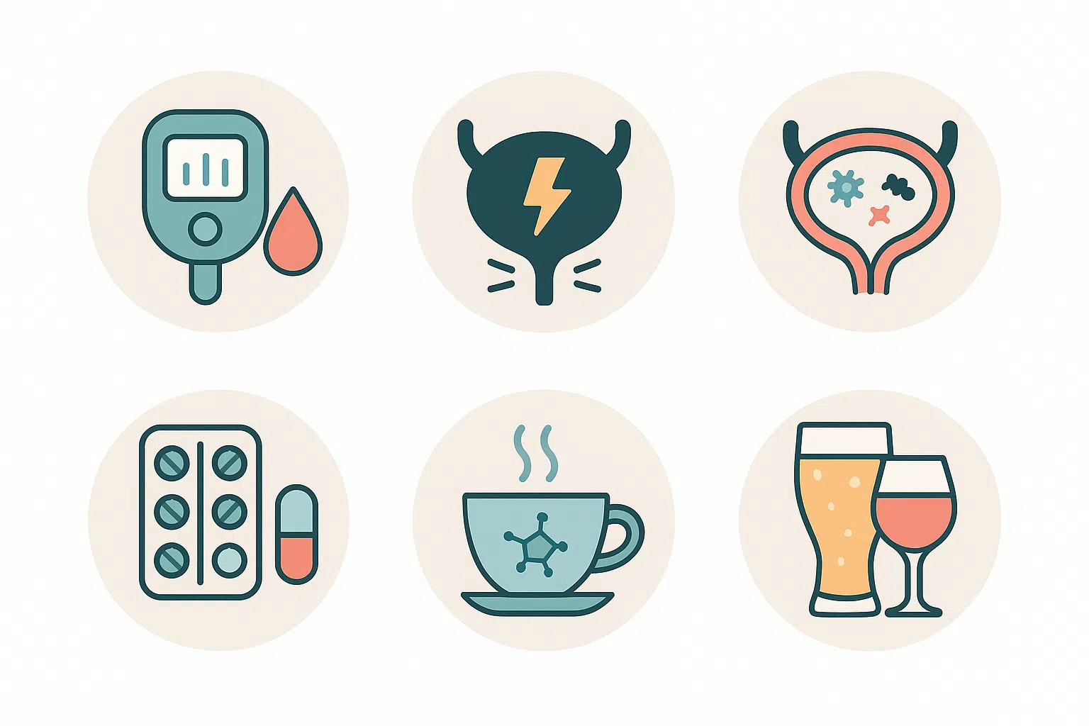당뇨병, 과민성 방광, 방광염, 약물, 카페인, 알코올, 각각의 원인을 상징하는 심플한 그래픽