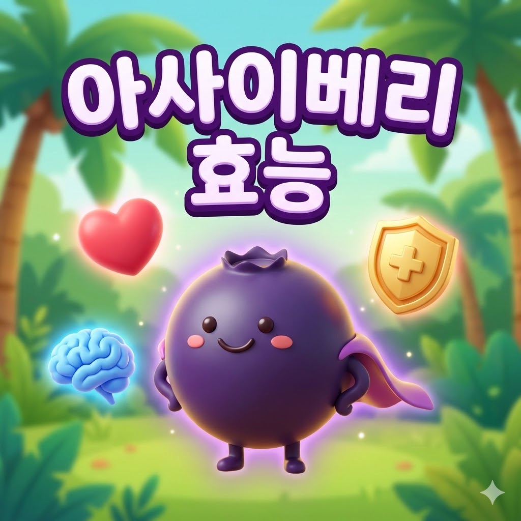 보라색 망토를 두른 귀여운 아사이베리 캐릭터가 심장, 뇌, 방패 아이콘과 함께 건강 효능을 상징하는 3D 카툰 일러스트. '아사이베리 효능'이라는 한글 텍스트가 강조되어 있다.