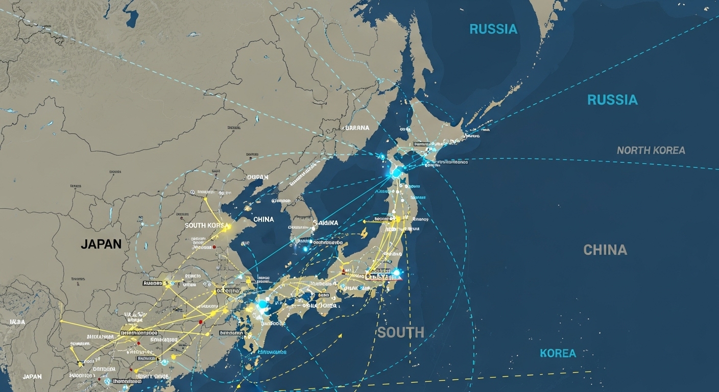 동북아시아 지도가 복잡한 전략적 연결선으로 얽혀 있어, 각국의 안보 동맹과 영향 관계를 시각적으로 보여줌