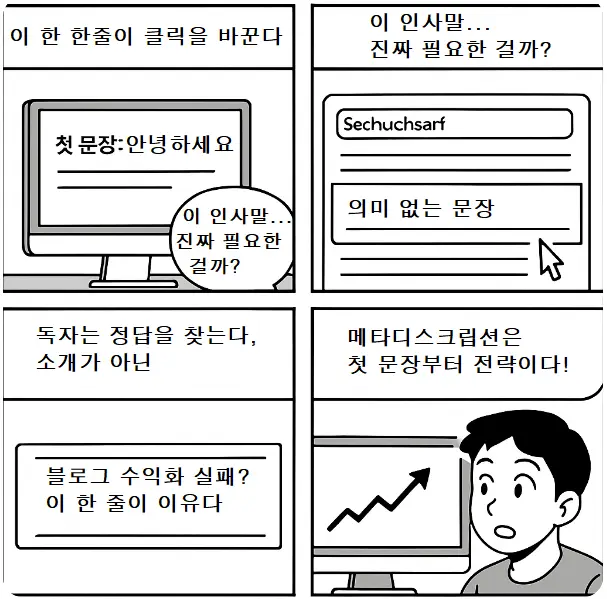 메타디스크립션의 중요성과 첫 문장의 변화가 클릭률에 미치는 영향을 보여주는 네 컷 구성 이미지