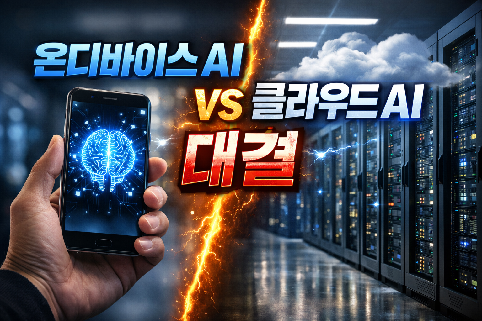 스마트폰 화면의 AI 아이콘과 데이터센터 서버 랙 배경 위에 ‘온디바이스 AI vs 클라우드 AI 대결’ 텍스트가 들어간 비교 썸네일