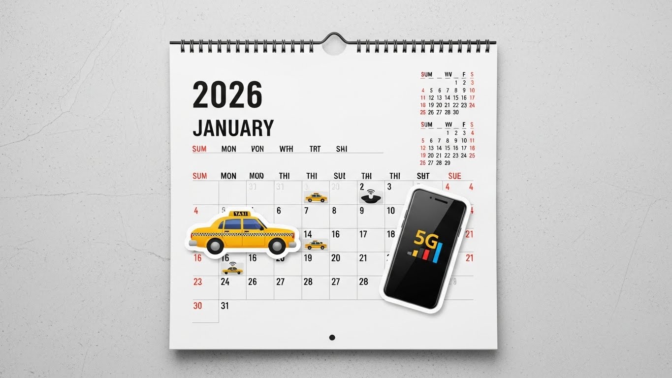 A calendar marked '2026' with icons of a taxi and a 5G smartphone, symbolizing the new year's policy changes.