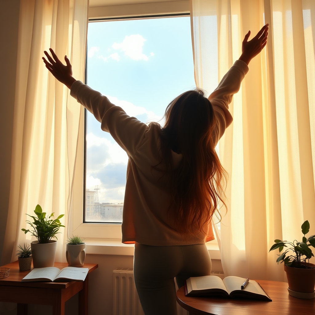 햇살이 들어오는 창가에서 스트레칭하는 여성