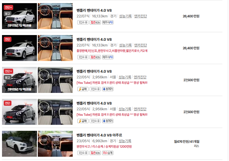 벤틀리 벤테이가 중고차 가격 시세표 연비