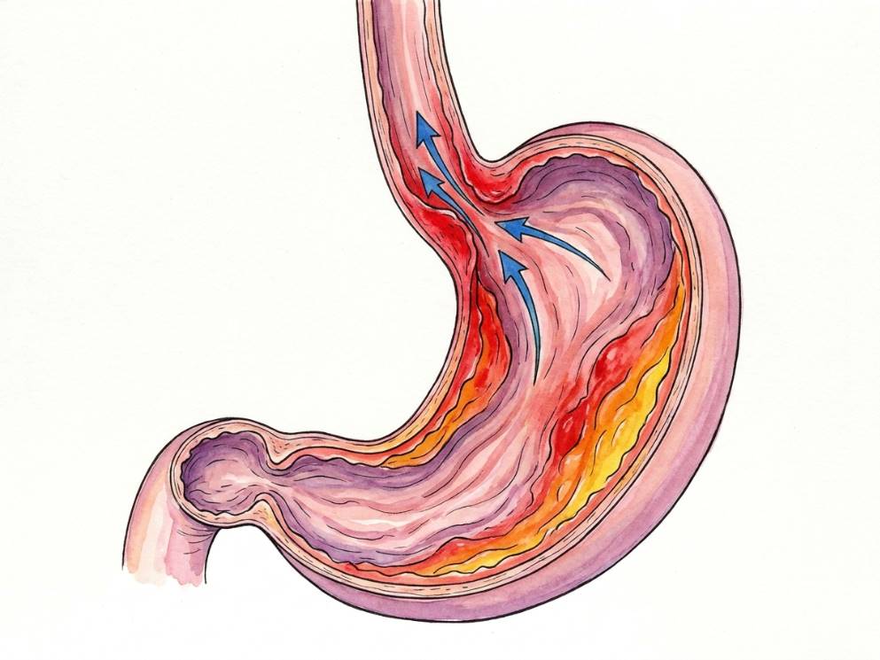 위와 식도 단면도, 위염 부위와 역류 화살표를 색으로 구분한 의학 일러스트