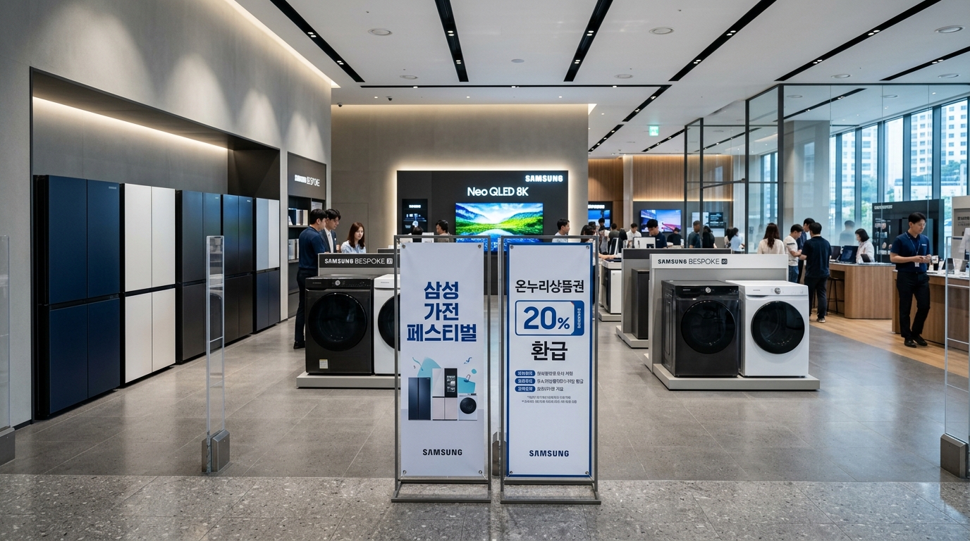서울의 현대적인 삼성전자 가전 매장에 삼성 가전 페스티벌과 온누리상품권 20% 환급 안내 팝업 배너가 깔끔하게 진열되어 있는 내부 전경