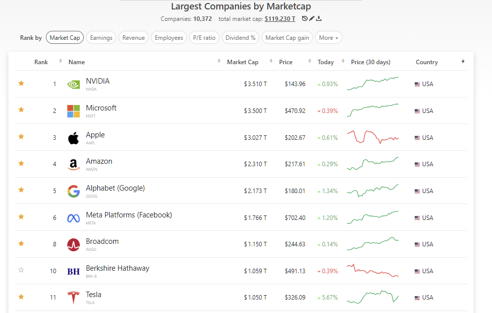 2025년 6월 10일 M7 시가총액 순위 및 등락률 요약, 출처 : companiesmarketcap.com