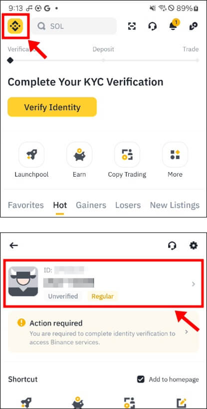 바이낸스 앱 로고 버튼과 프로필 버튼을 순서대로 클릭하도록 안내하는 사진