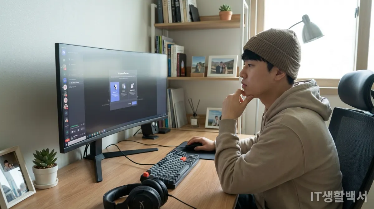 Z세대 남성이 컴퓨터로 디스코드 서버를 만드는 모습