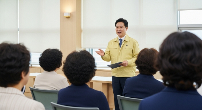 사람들에게 추천 제도를 설명하는 공무원