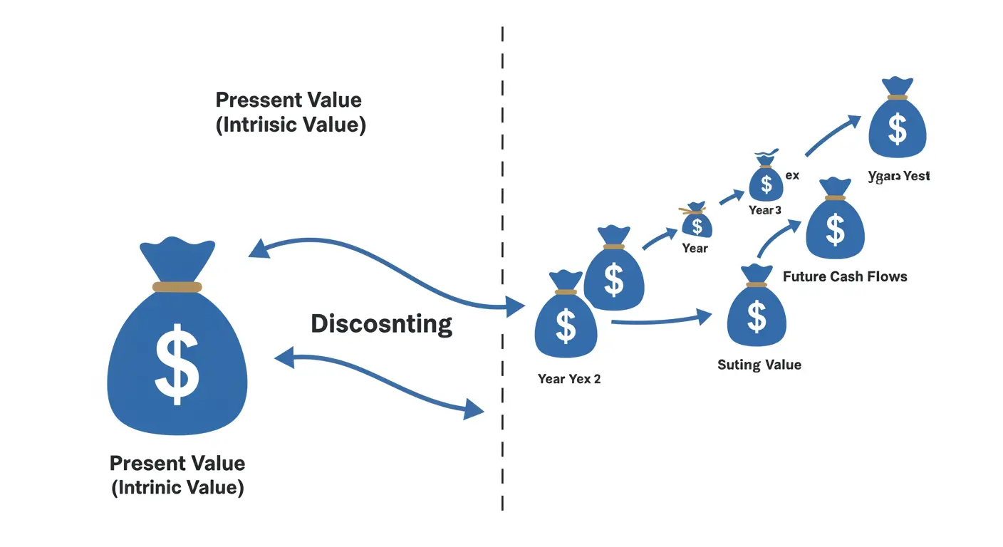 미래에 발생할 현금흐름(Future Cash Flows)이 현재가치(Present Value)로 할인되어 기업가치를 이루는 DCF 개념도