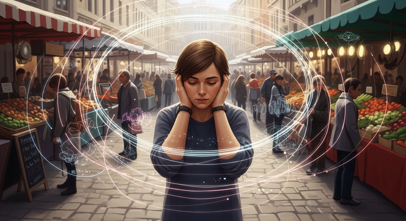 시끄럽고 혼란스러운 환경에서 감각 과부하를 느끼며 귀를 막고 있는 아스퍼거 증후군 성인.