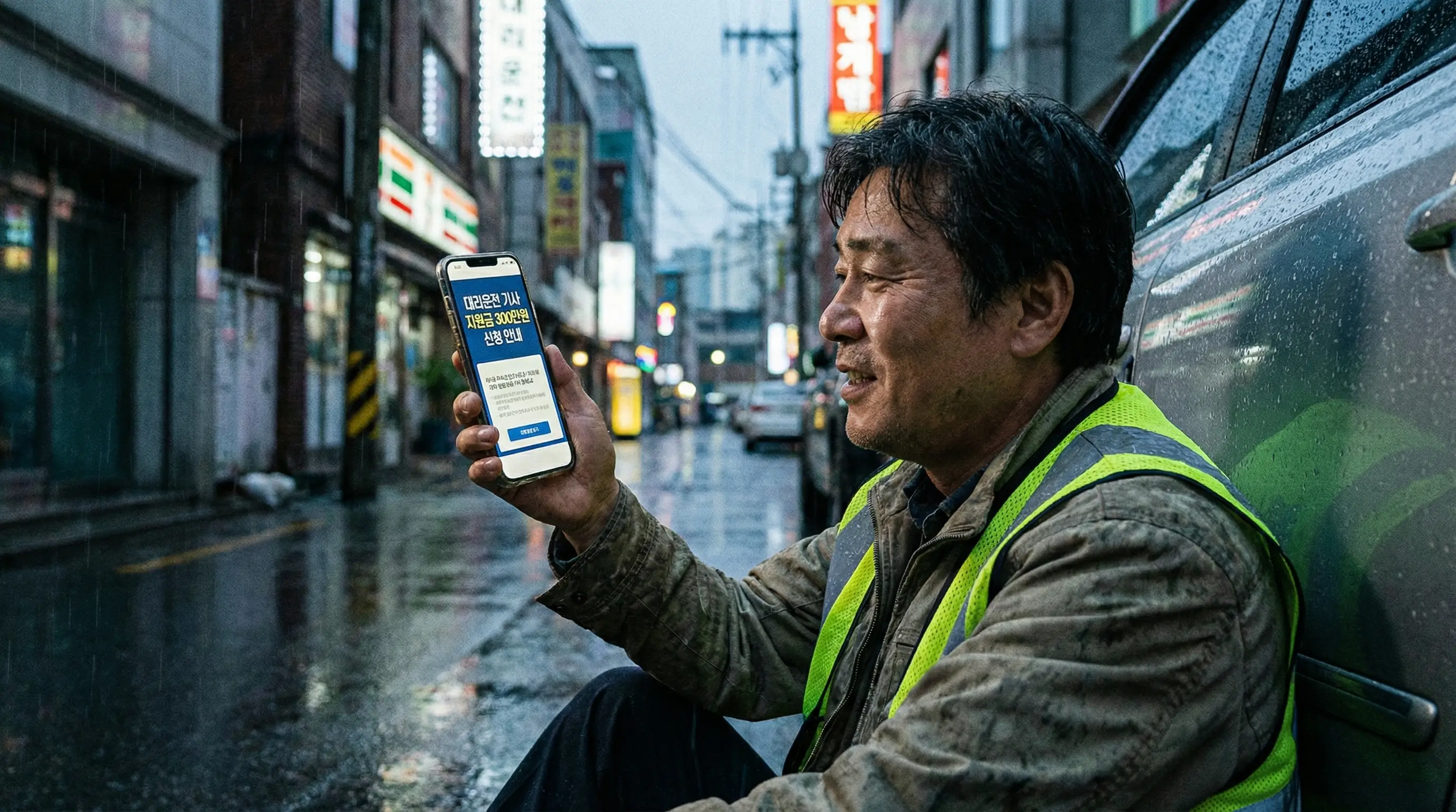 새벽 거리에서 스마트폰을 보며 대리운전 콜을 기다리던 기사님이 지원금 정보를 보고 희망을 찾는 모습