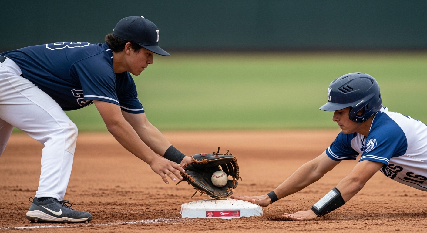 야구 주자가 2루로 슬라이딩하며 아웃될 위기에 처한 긴박한 순간
