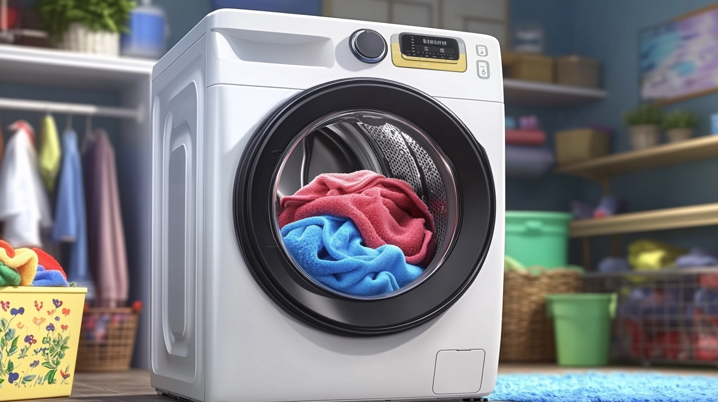 많은 양의 세탁물을 수용할 수 있는 삼성 세탁기의 넉넉한 드럼을 보여주는 가정환경 속 이미지