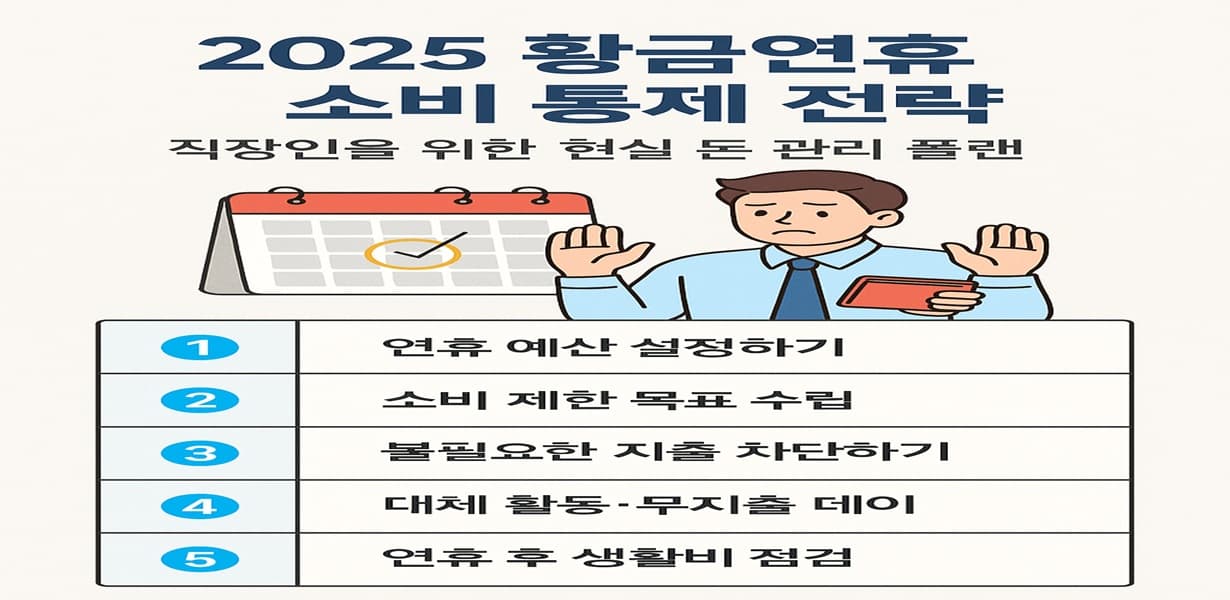 황금연휴 소비 통제 전략을 정리한 표와 함께, 지출을 걱정하는 직장인이 달력과 지갑을 들고 있는 모습