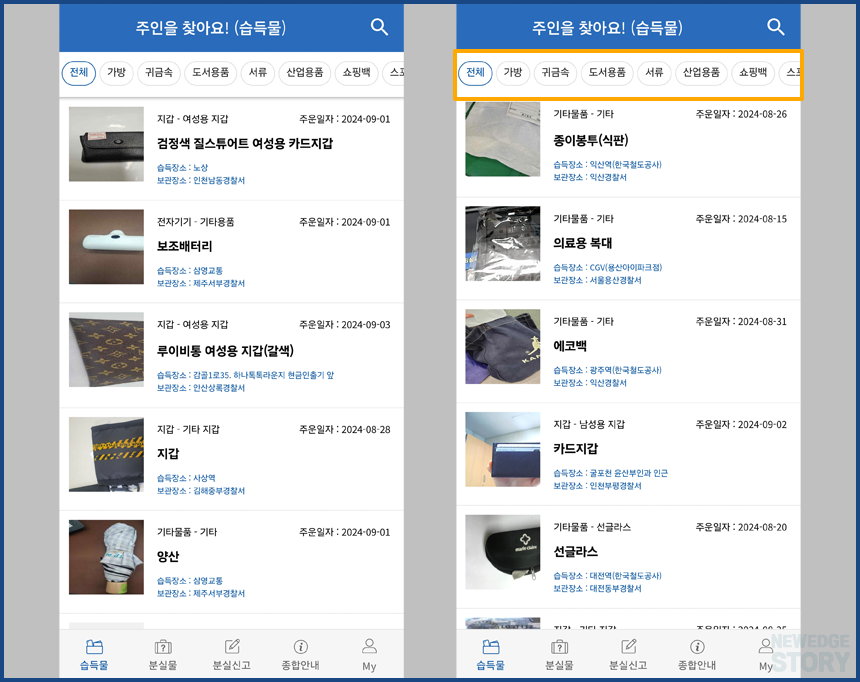 로스트112 앱에 등록된 분실물 목록