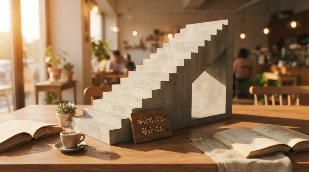 따뜻한 햇살이 비치는 카페 테이블 위, 에스프레소 잔과 미니어처 화분 옆에 거대한 모형으로 놓인 30도 황금 각도의 현대식 콘크리트 계단