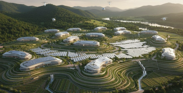 태양광 패널이 빼곡히 들어선 '햇빛 소득 마을'의 전경. 재생 에너지 발전과 지역 경제 활성화를 동시에 이루는 미래형 마을을 보여줍니다.