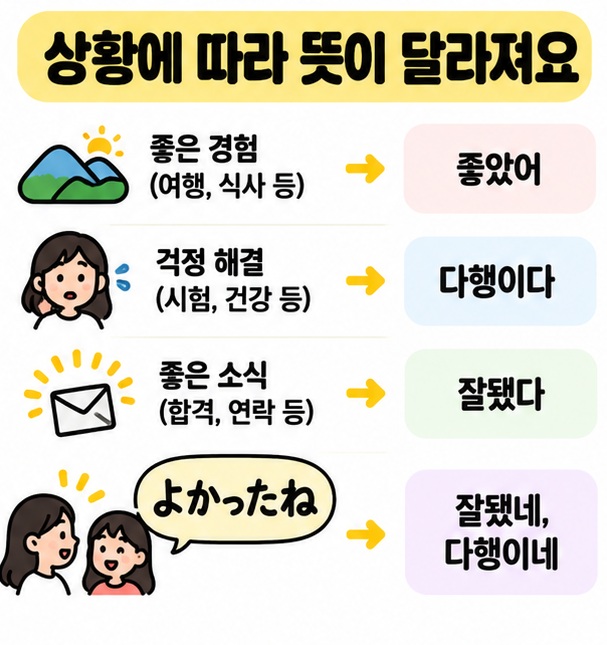 좋은 경험, 안도하는 상황, 좋은 소식에서 よかった를 사용하는 예를 보여주는 카드