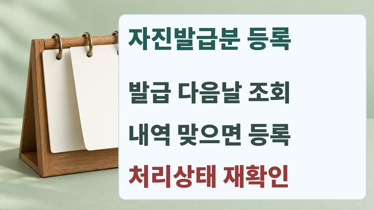 자진발급 다음 날 조회하고 내역이 맞으면 등록한 뒤 처리상태를 확인하는 순서