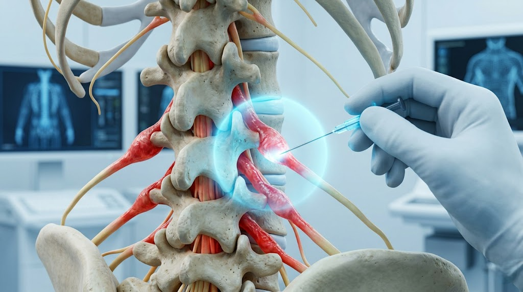 대상포진 바이러스로 인해 염증이 발생한 척추 말초 신경에 신경차단술이 정밀하게 적용되는 과정을 보여주는 3D 의학 일러스트