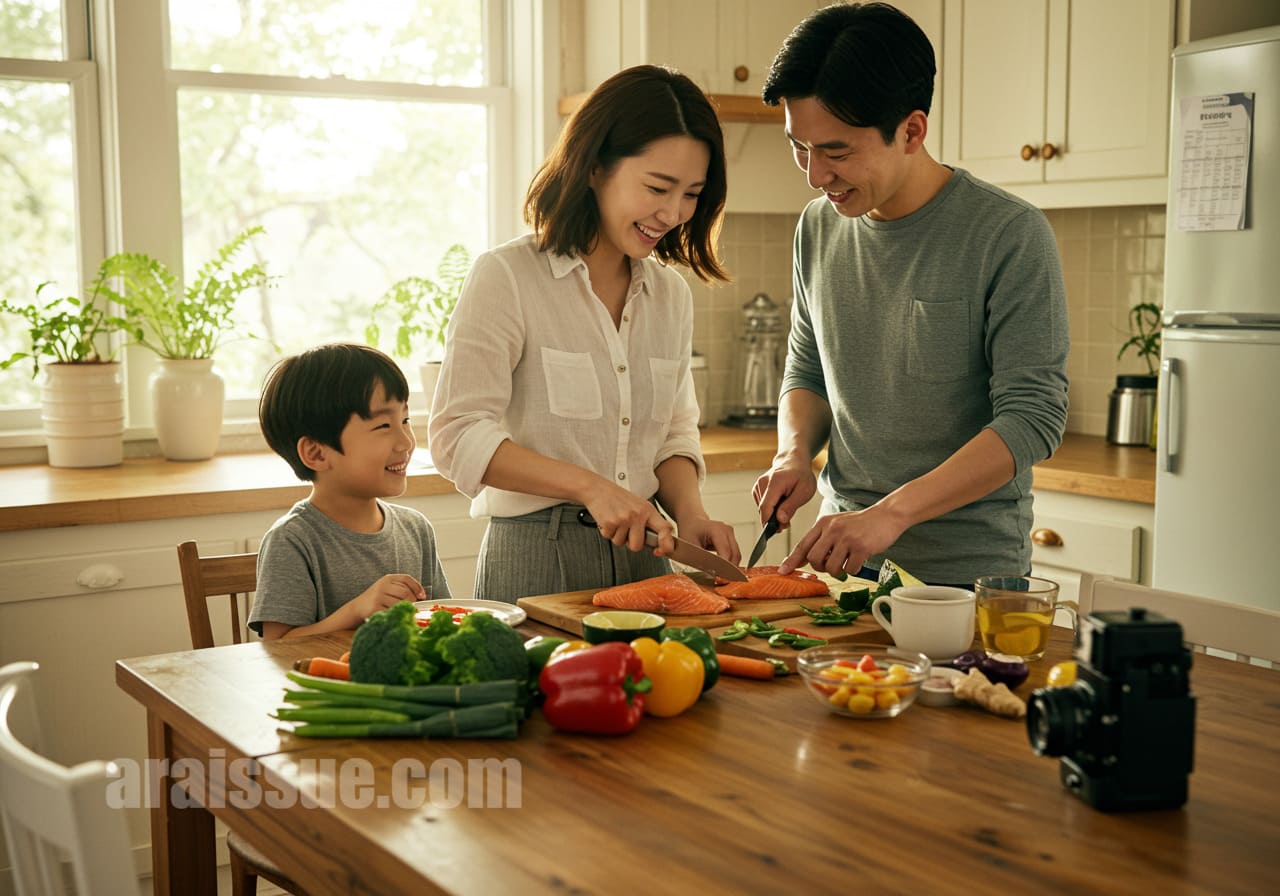 가정에서 항염 식단을 요리하는 가족 모습