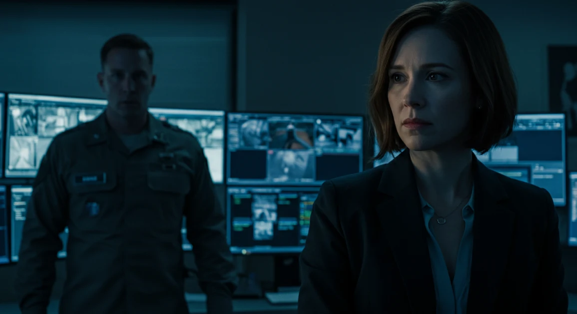 첩보실에서 감정적 갈등에 빠진 여성 요원과 군복 남성의 긴장감