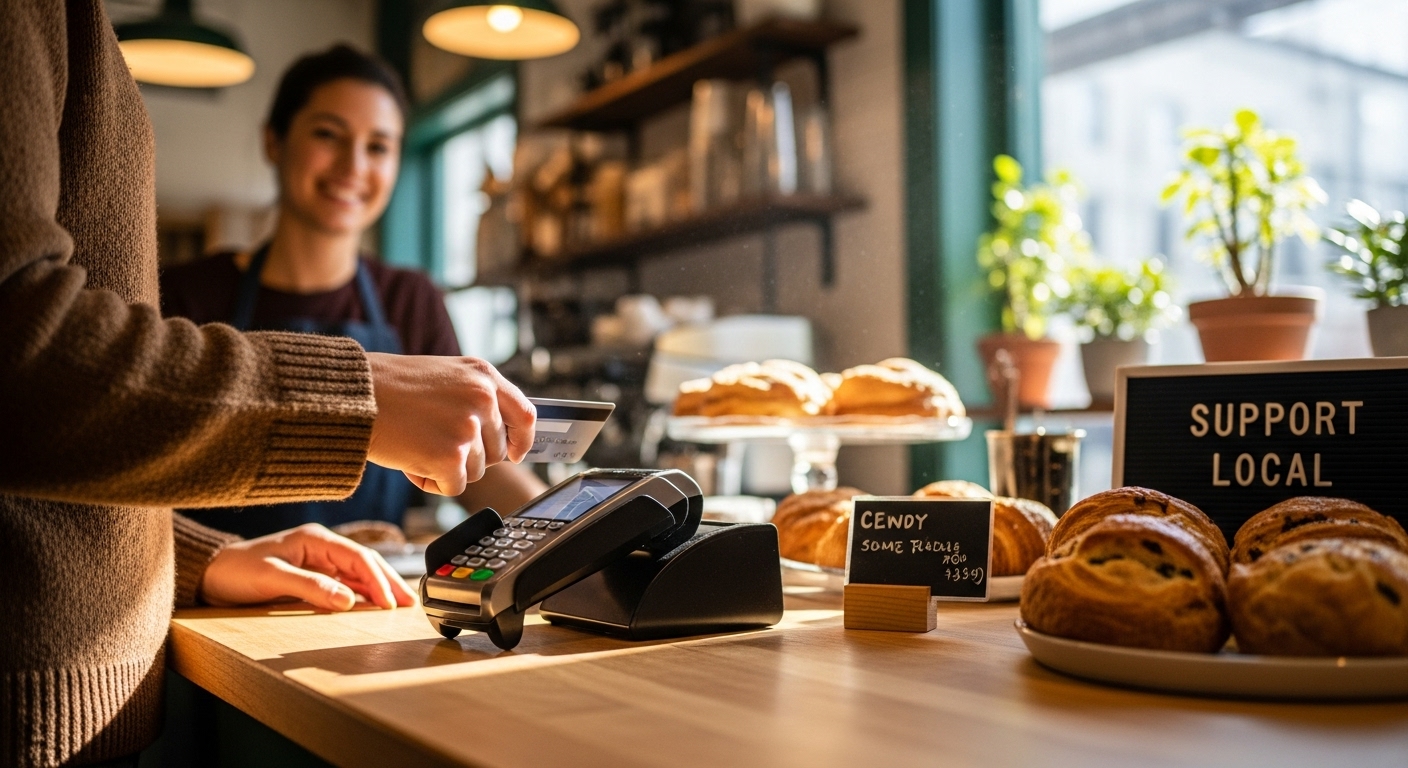 소상공인 가게 앞에서 신용카드를 사용하는 모습