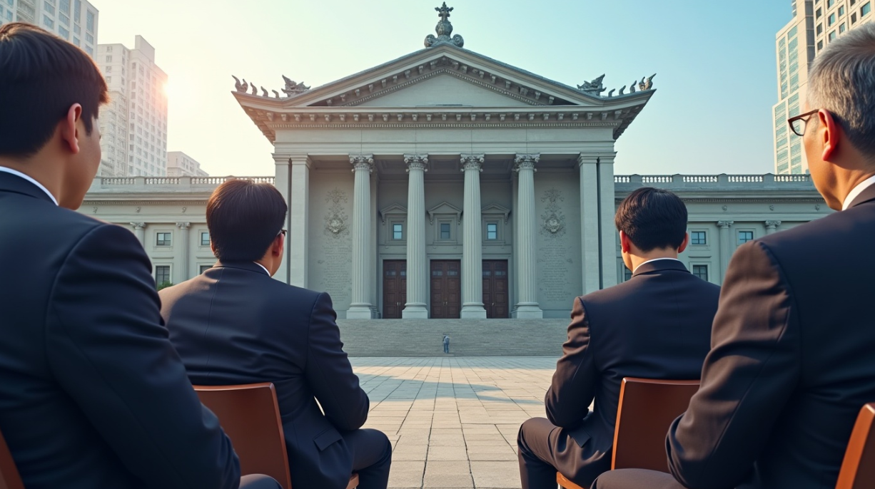 국회의사당 마당에 앉아 있는 국회의원들