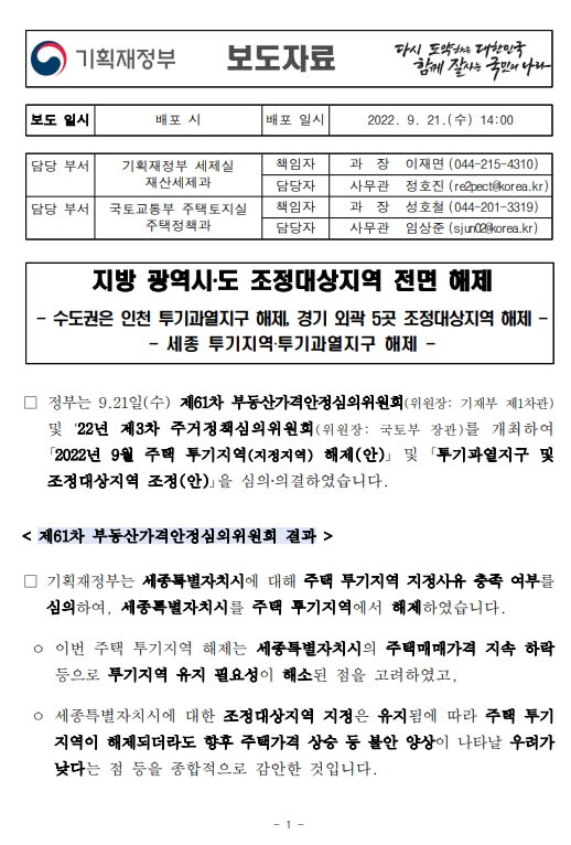 조정대상지역 전면 해제 보도자료