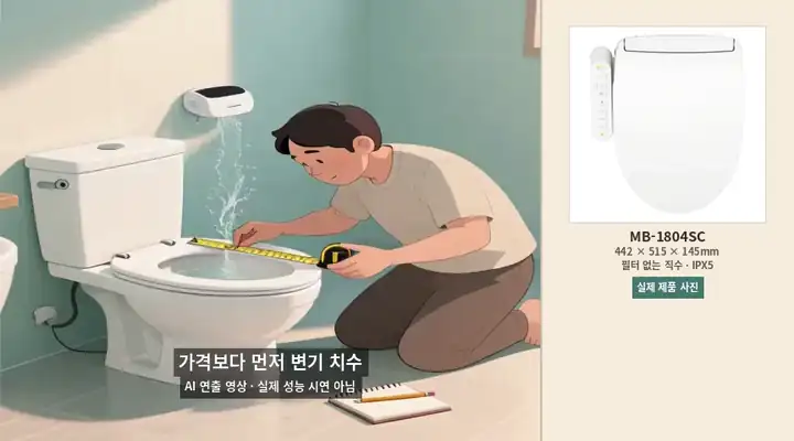 변기 고정 위치와 앞뒤 길이를 확인하는 AI 연출 애니메이션
