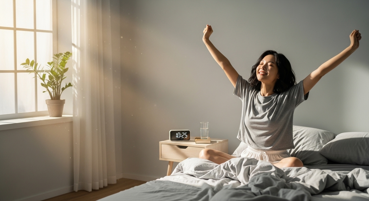 상쾌한 아침 햇살을 받으며 알람 없이 개운하게 일어나는 사람의 모습. 수면 주기 계산법의 효과를 상징적으로 보여준다.