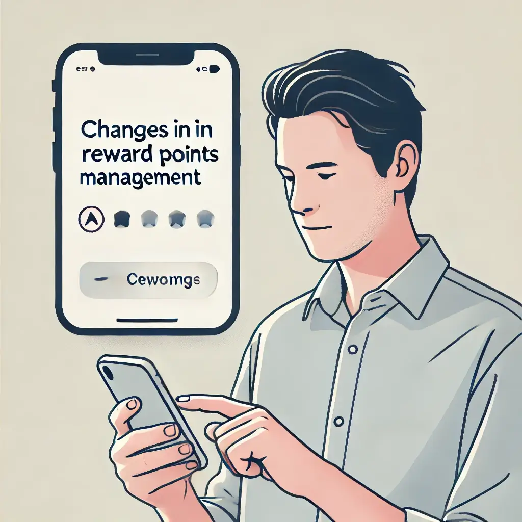 포인트 관리 변경 안내 문자를 확인하는 남자의 일러스트.