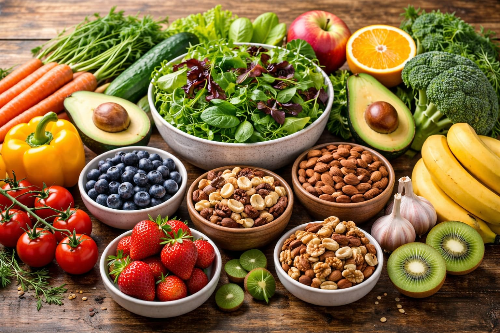 신선한 채소와 과일, 견과류가 함께 놓인 건강한 식단 재료