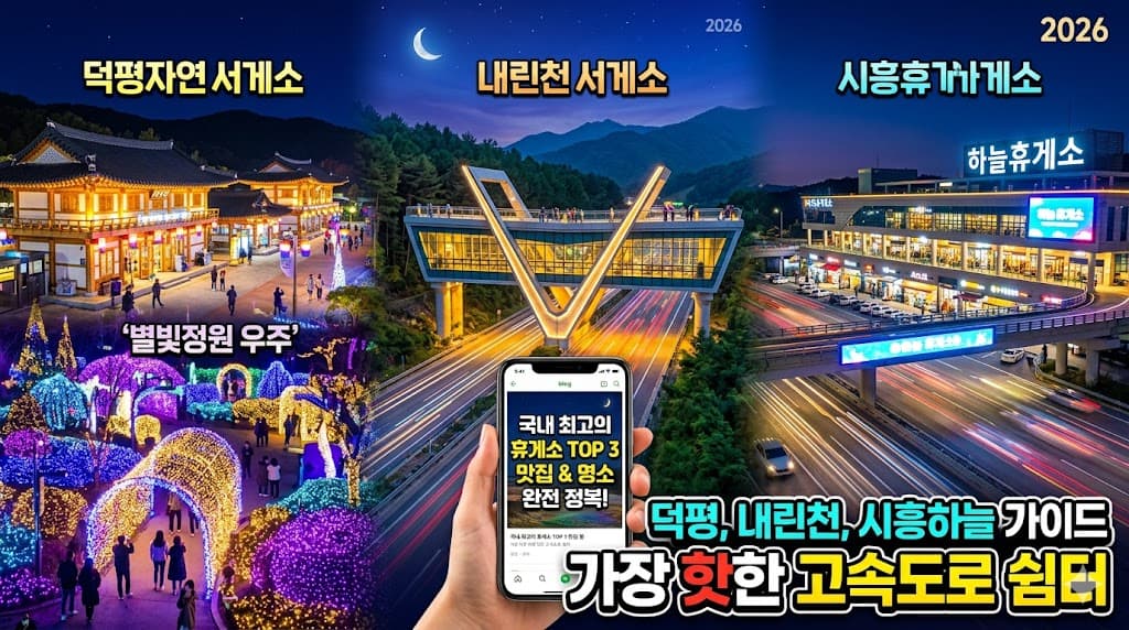 내린천휴게소의 상공형 건물, 시흥하늘휴게소의 야경, 덕평휴게소의 별빛정원이 합쳐진 화려한 고속도로 휴게소 전경