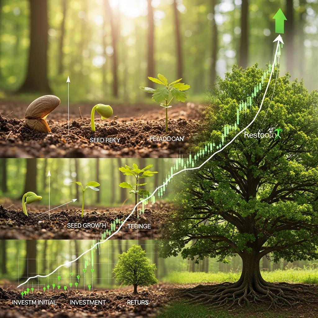 작은 씨앗이 점차 성장하여 큰 나무가 되는 그림. 소액으로 시작하는 주식 투자의 중요성과 점진적인 성장을 시각적으로 보여줍니다.1