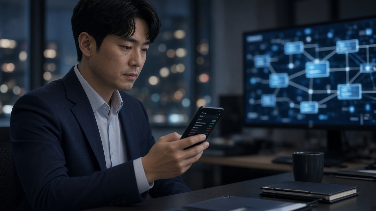 저녁 사무실에서 투자 앱을 확인하는 한국인 30대 직장인, 뒤 모니터에 분산원장 이미지
