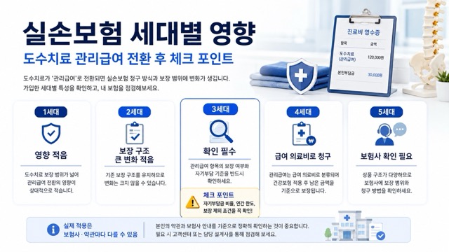 도수치료 관리급여 전환에 따른 1세대부터 5세대까지 실손보험 세대별 영향 비교