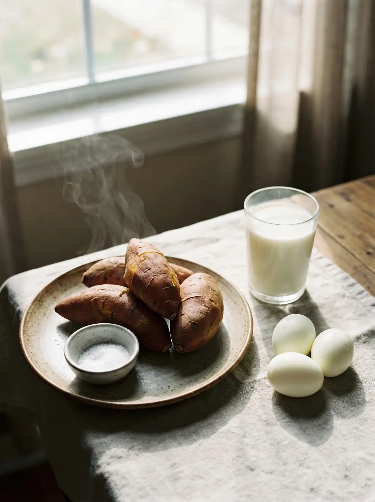 접시에 담긴 고구마 옆에 우유 한 잔과 삶은 달걀이 놓여 있는 균형 잡힌 식단