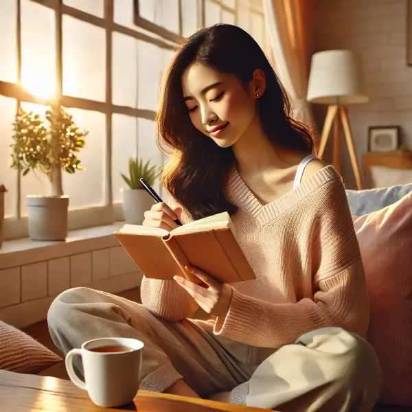 창가에서 감사 저널과 차 한 잔을 즐기며 평온한 아침을 보내는 동양인 젊은 여성의 초고해상도 사진