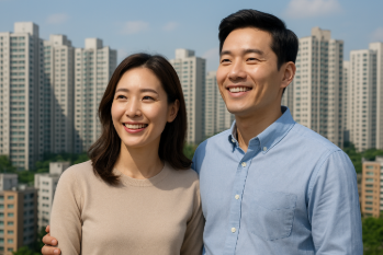 서울 아파트 단지를 배경으로 희망에 차있는 30대 한국인 부부