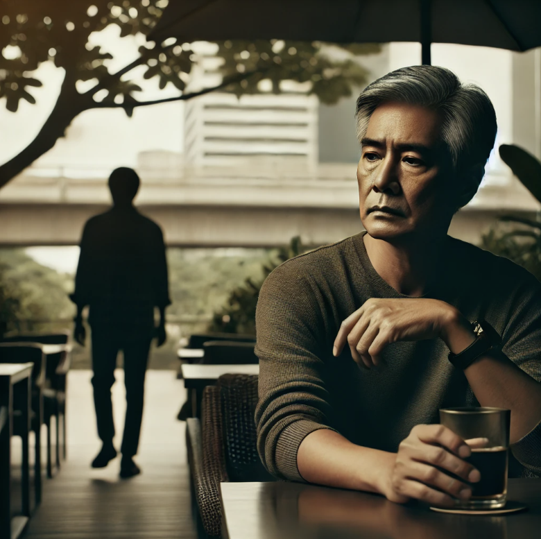 관계를 정리한 후 혼자 깊은 생각에 빠진 중년 남성의 모습